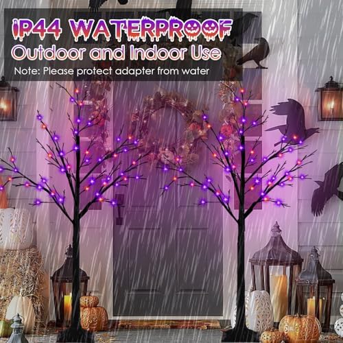2 Pack 4FT Lighted Black Halloween Tree with 96 LED Orange & Purple Lights
