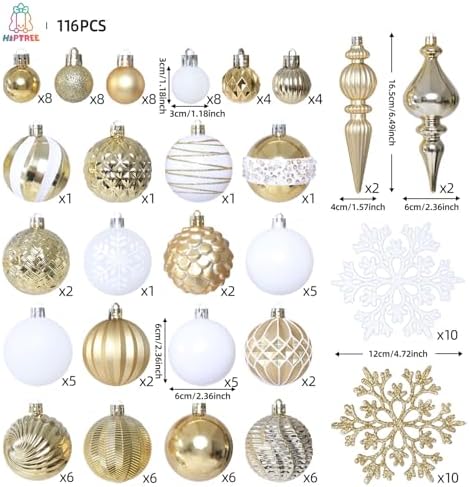 HipTree 116ct 1.18-6.5" White Gold Christmas Tree Ornaments Decorations Set