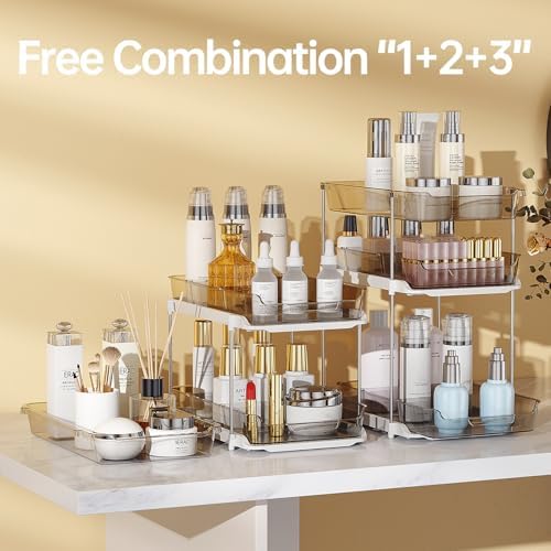 Delamu 2 Pack 3-Tier Bathroom Under Sink Organizers and Storage, Multi-Purpose Stackable Pantry Organization and Storage, Pull Out Clear Kitchen Bathroom Cabinet Organizer with Movable Dividers, Grey