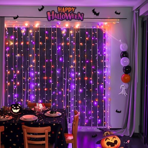 JMEXSUSS 300LED Halloween Curtain Lights, Orange and Purple, 9.8x9.8ft