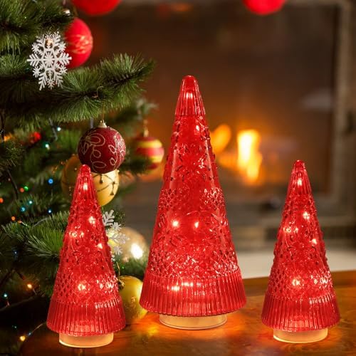 PHITRIC Christmas Decorations Indoor, 3 PCS Sparkling Glass Red Christmas Tree Table Centerpieces Decor with LED Lights and Timer, Xmas Tree Decorations for Home, Mantel, Shelf, Office, Tabletop