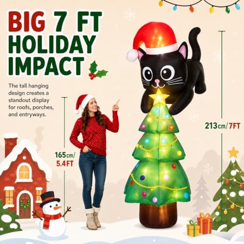 Soulchen 7ft Cat Christmas Inflatable Roof Hanging Outdoor Decorations