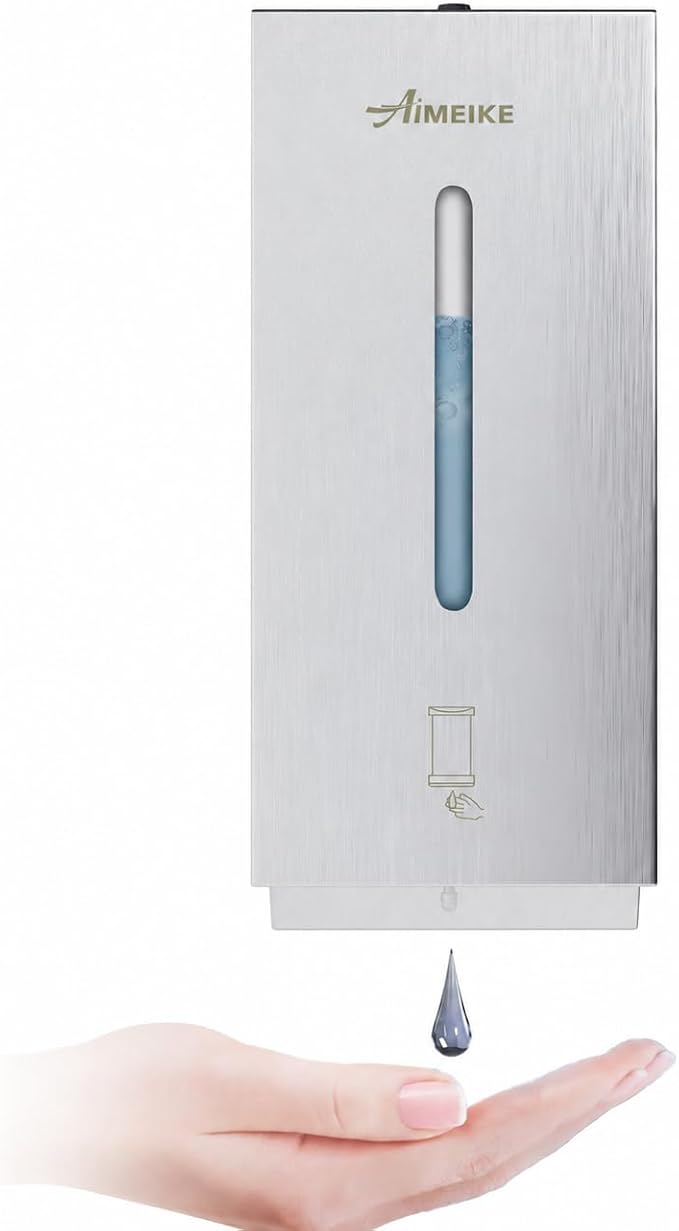 Commercial Automatic Wall-Mount Soap Dispenser, Stainless Steel | Touchless 800 mL commercial dispenser with stainless steel exterior, vertical window, keyed lock and 6 AA battery power.