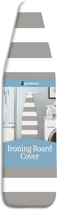 Whitmor Ironing Board Cover with 3mm Foam Pad, Fits 13-15 x 52-54 In | 100% cotton cover, 3mm foam pad, drawstring with barrel lock, naturally scorch resistant, Paloma gray stripe.