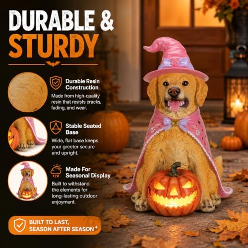 Halloween Large Golden Retriever Statue with Glowing Pumpkin,Porch Decor