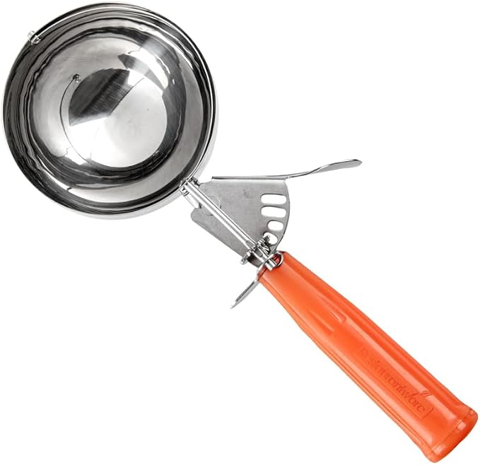 Restaurantware Bundle: 3 Ice Cream Scoops Trigger Release Stainless Steel Dishers 2/4 / 8 Ounce Cookie Scoops For Baking, Yellow, Gray and Orange, Portion Control, Cookie Dough, Cupcake Batter