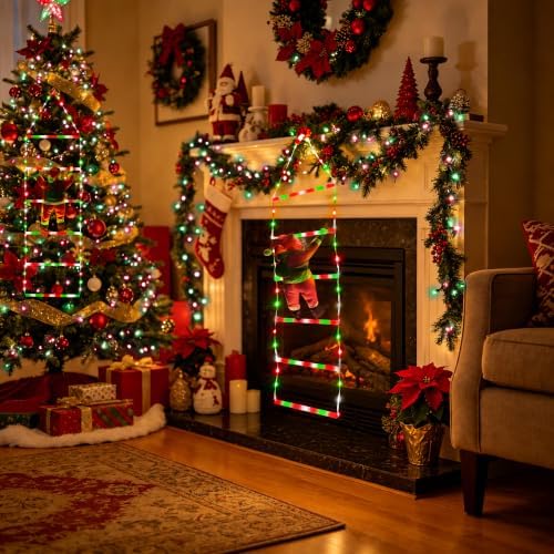 Toodour LED Christmas Light - 2.5FT Christmas Decorative Ladder Lights with Santa Claus, Xmas Decorations Light for Indoor Outdoor, Window, Garden, Home, Wall, Xmas Tree Decor - Red White & Green