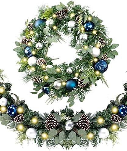 WANNA-CUL Pre-Lit 9ft Christmas Garland with Lights 50 LED Blue Baubles