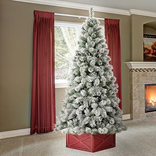 Glitzhome 9ft Pre-Lit Snow Flocked Artificial Pine Christmas Tree, Hinged Holiday Christmas Tree with 900 Warm White Lights for Home, Office, Party Decoration