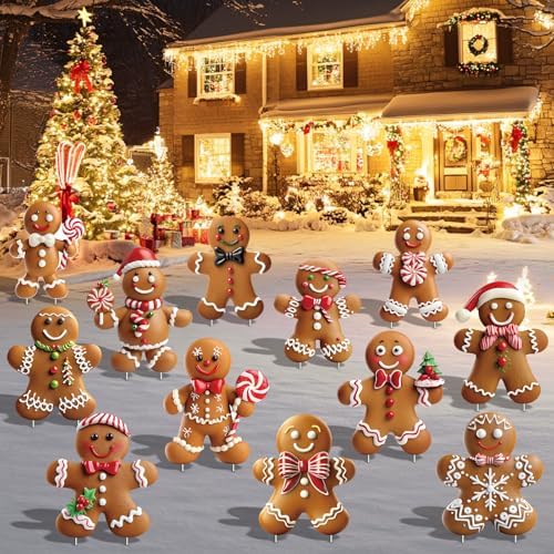 12 Pcs Christmas Gingerbread Man Yard Signs with Stakes - Xmas Gingerbread Yard Stakes Lawn Signs for Christmas Holiday Pathway Garden Patio Party Favors