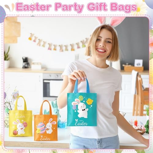 Sweetude 120 Pcs Easter Tote Bags Bulk with Handles Bunny Reusable Party Non Woven Treats Goodie Bags for Easter Party Supplies (Egg)