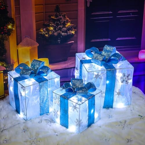 Christmas Decorations: Foldable Set of 3 Christmas Lighted Gift Boxes 120 LED - Plug in Light Up Xmas Ornament for Tree Skirt Indoor Outdoor Yard Holiday Door Sleigh Decor, White Xmas Lights