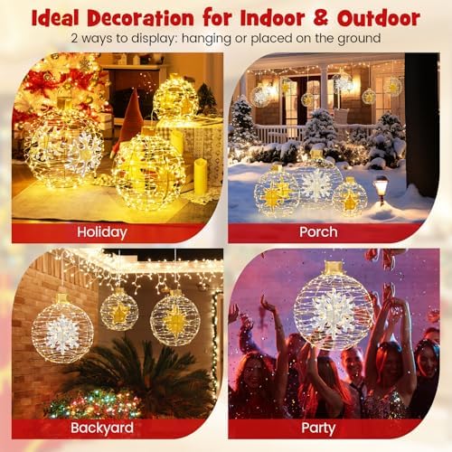 Tangkula 3 Pack Christmas LED Lighted Balls, Metal Sphere Globe Lights