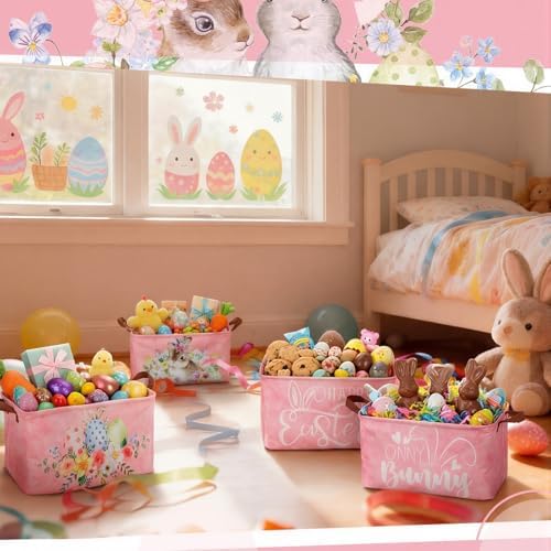 CHENGU 6 Pack Easter Storage Bin Collapsible Cute Easter Basket for Gift Large Pink Bunny Eggs Holiday Decor Rabbit Hunny Bunny Basket Foldable Farmhouse Flower Box with Handle for Bedroom Office Home