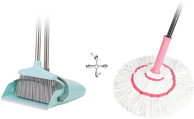 XXXFLOWER Broom and Dustpan Set with Cleaning Teeth+Self-Wringing Twist Mop for Floor Cleaning, 57” Long Handle Heavy Duty Microfiber Mop for Wet Mopping on Tile, Hardwood, Kitchen, Bathroom
