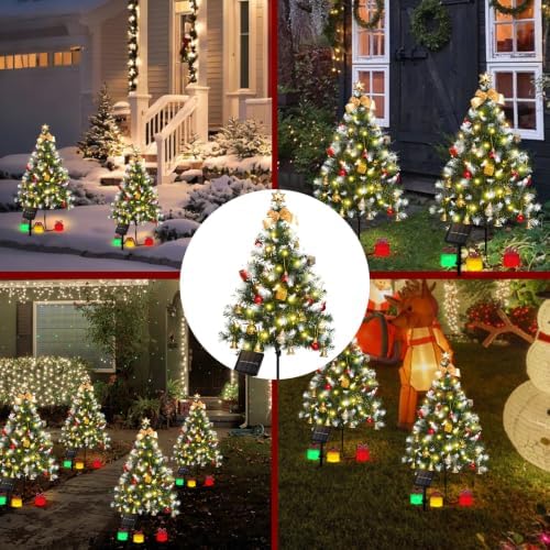 Mini Christmas Tree Solar Lights, Outdoor Decorations, 4 Pack