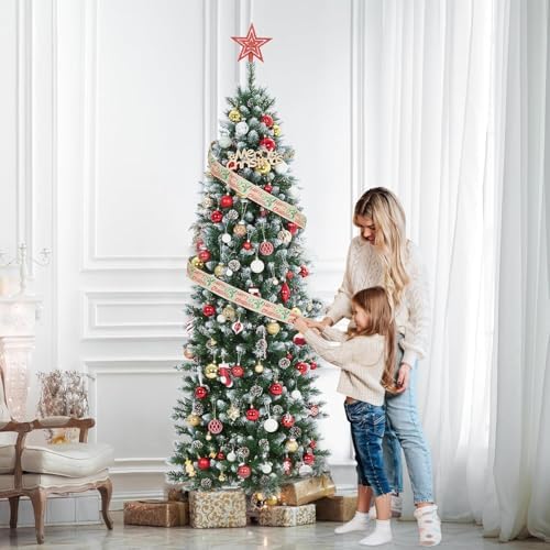 GarveeHome Pencil Christmas Tree Pre-lit Slim Holiday Decoration, Skinny Décor LED Lights, Metal Stand,Xmas Tree for Room, Bedroom, Apartment, Outdoor Porch, Office (Green and White, 9 ft)