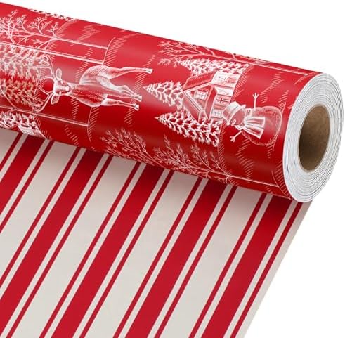 LaRibbons Red Christmas Wrapping Paper, Vintage Deer Winter Toile Design