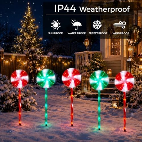 BRIGHTDECK 5 Pack Solar Christmas Pathway Lights, RedGreen Lollipop Stakes