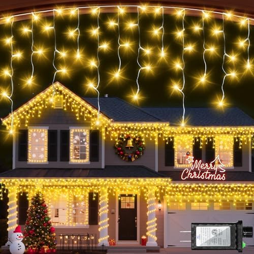 1332 LED 132ft Christmas Lights with 296 Drops, 12 Lighting Modes Warm White Christmas Decoration Twinkling Lights Dimmable, Timer Outdoor Waterproof Fairy Lights for Indoor Garden House Eaves Roof
