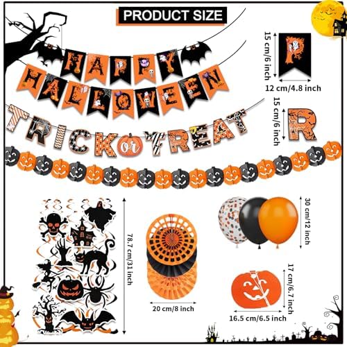 Fecedy Black Orange Happy Halloween Trick or Treat Banner Paper Fan Balloons & Swirl Streamers Goul Bat Cat Bird Ghost Pumpkin Lantern for Halloween Decorations