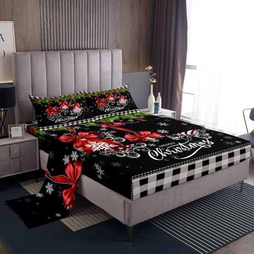 Black and White Grid Bed Sheet Queen Set Merry Christmas Sheets Sets Adults Bedroom Decor Red and Green Microfiber Bedding Set with Flat,Fitted Sheet,2 Pillow Cases