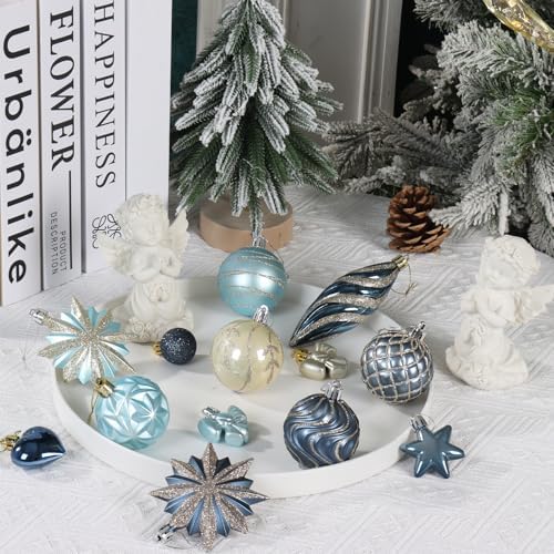 82Pcs Blue and Gold Christmas Ornaments Set, Plastic Assorted Christmas Decorations for Tree Shatterproof Baubles Snowflake Xmas Ball Ornaments for Holiday Decor (Blue&Gold)