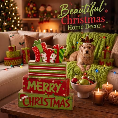 Lineshading 4 Pcs Christmas Table Decor - Red Lime Green Gift Box Wood Sign