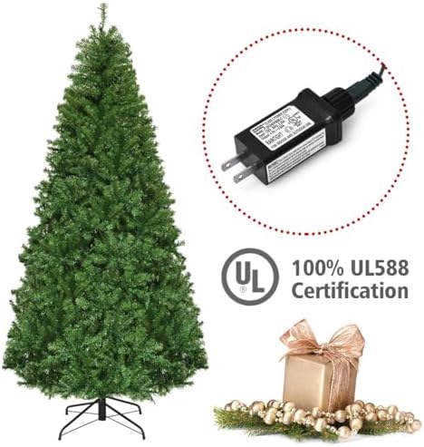 HAPPYGRILL 8FT Pre-Lit Christmas Tree with 2128 PVC Branch Tips and Foldable Base, Premium Artificial Spruce Tree Hinged Xmas Tree for Holiday Decor