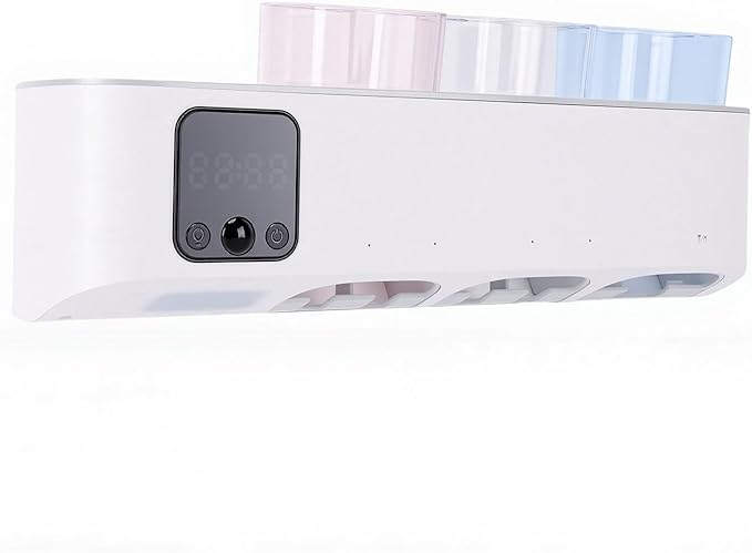 Gugxiom Electric Toothbrush Cleaner Holder Wall Mounted Rechargeable UVC Toothbrush Sanitizer with 5 Slots LED Display Fan Drying Heating Clock and Cups for Bathroom
