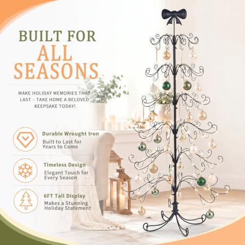 6ft Wrought Iron Christmas Tree, Bow Topper, Ornament Display Stand, Black