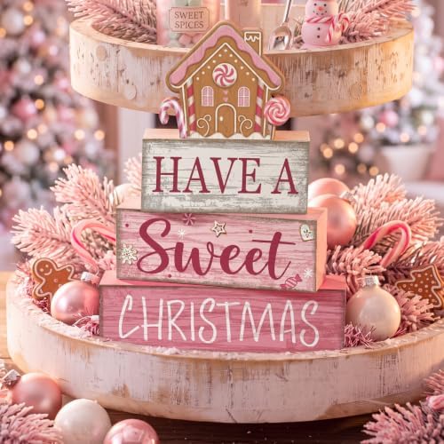 Lineshading 4 Pcs Pink Christmas Table Decor, Sweet Gingerbread Block Sign