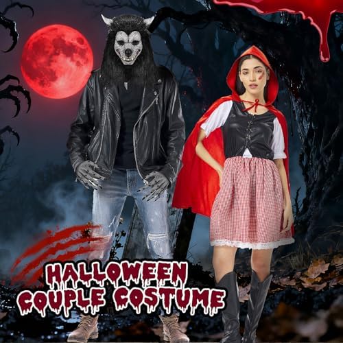 Adult Little Red Riding Hood Costume Set with Wolf Mask for Couples