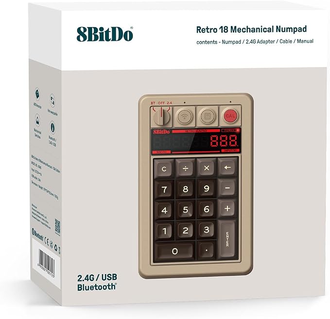 8Bitdo 18 Key Retro Mechanical Numpad, Supports PC & Standard Calculator Mode, Hot-swappable, PC Calculator Shortcut Button, Bluetooth/2.4G/Wired for Windows and Android - C64 Edition