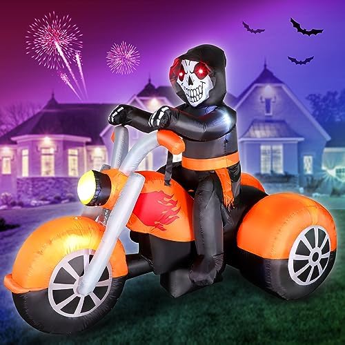 6 FT Halloween Inflatable Skeleton Ghost Riding on Motorcycle Bike, Blow Up Outdoor Decoration Clearance with Built-in LED Lights for Yard Garden Lawn Home Party Decorations