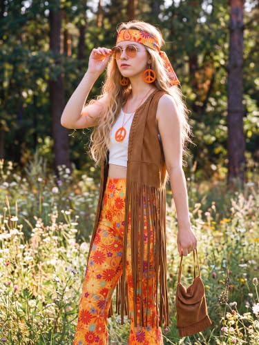 SOMSOC 7 Pieces 60s 70s Women Hippie Costume Fringe Vest Bag Pant Headband for Disco