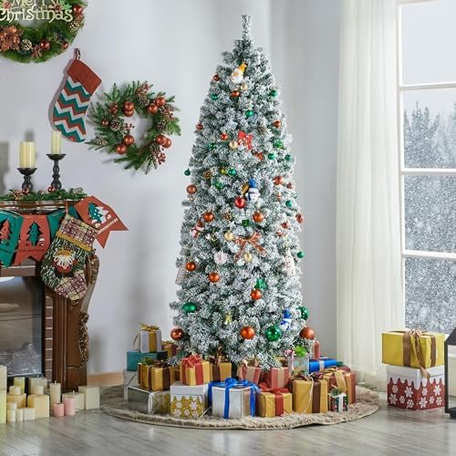 Yaheetech 6ft Pre-lit Snow Flocked Pencil Christmas Tree, Green & White