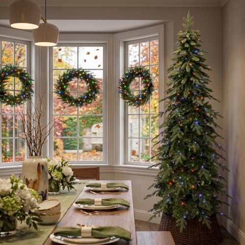 Glitzhome Prelit Christmas Tree, 7.5ft Pencil Artificial Christmas Tree with 350 Warm White & Multi-Color LED Lights, Chicago Evergreen Spruce with 1,498 PE/PVC Tips for Home Holiday Décor