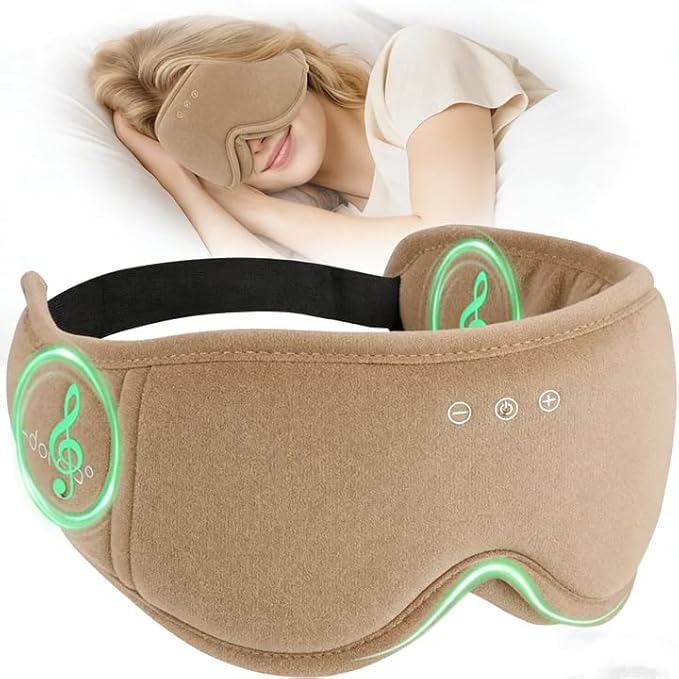 Sleep Mask with Headphones Bluetooth 5.4, LC-dolida Wireless Music Eye Mask for Sleeping Headphones with Soft Bamboo Cotton Cooling Breathable,Ultra-Thin Stereo Speaker for Side Sleepers-Khaki