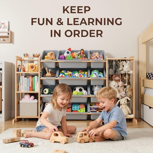 Toy Storage Organizer with Bookshelf and Stuffed Animal Storage - Kids Playroom Organization with 3 Shelves and 12 Toy Bins - Toddler Living Room Toy Box for Lego - Nursery Bedroom Decor Essential