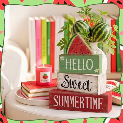 Moucuny 4 Pcs Summer Table Decor Watermelon Wooden Signs Farmhouse