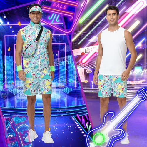 80s Outfit for Men, Neon Retro Workout Costume Set with Accessories