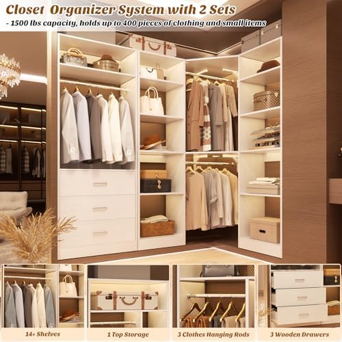 Besiost Corner Closet System with 3 Drawers, Corner Closet Organizer System