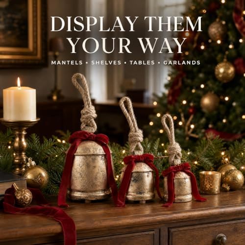 KIBAGA Charming Vintage Christmas Decor Set of 3 Gold Metal Bells