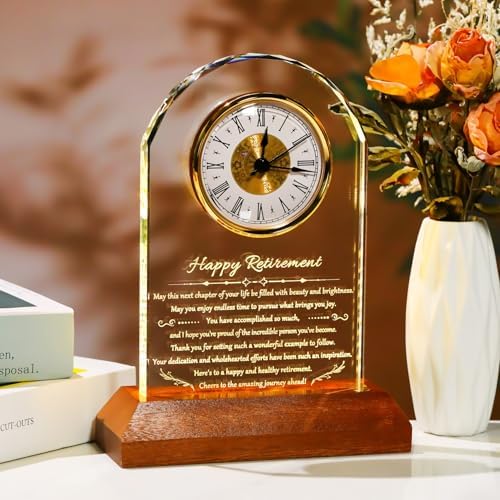 YWHL Retirement Clock Gifts for Women Men with Wooden Light Base, Happy Retirement Glass Plaque for Coworkers Boss, Going Away Retired Gifts for Friends, Farewell Goodbye Presents Ideas