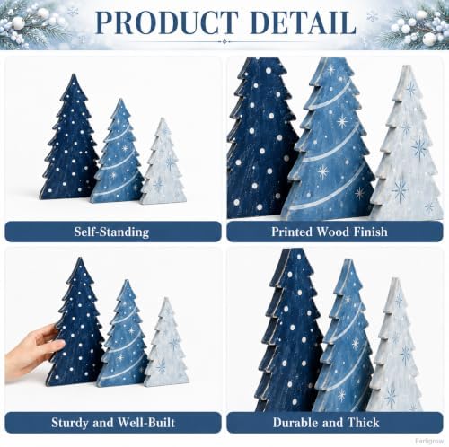 Christmas Table Decorations Blue Wooden Mini Xmas Tree Tiered Tray Decor