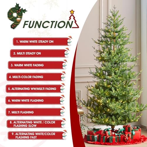 Glitzhome 7.5ft Prelit Christmas Tree, Artificial Christmas Tree with 500 Warm White and Multi-Color LEDs, Green Upward Slim Fir Xmas Tree, Vibrant Ascend Evergreen w/Metal Stand and Remote Control