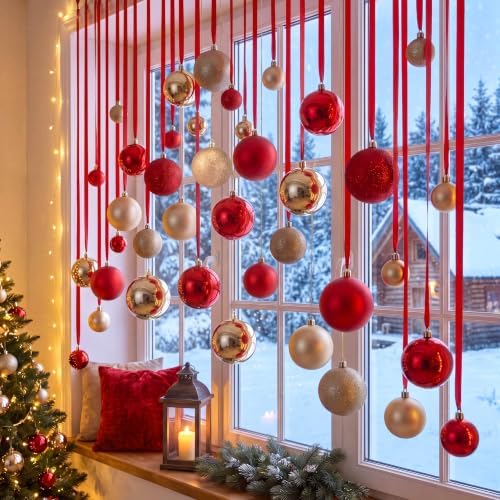 56 Pcs Red Gold Christmas Window Hanging Ball Ornament Window Decorations