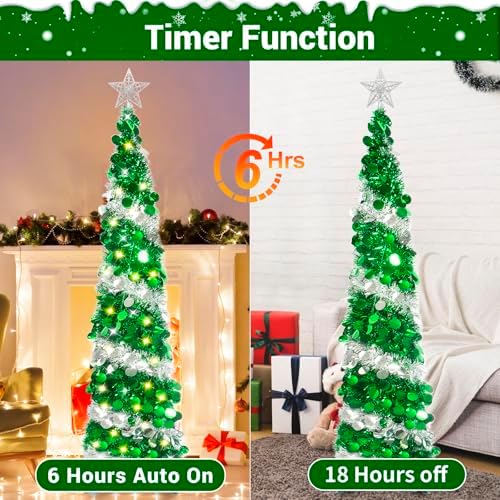 HISFFOG 5FT Pop Up Christmas Tree with 8 Rmote Lights Modes - Dual Color Sequin Tinsel Christmas Tree, Collapsible Artificial Pencil Christmas Trees Decorations for Home, Apartment, Office, Party