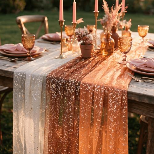 Artoid Mode 6PC Beige Caramel Orange Gauze Table Runner 120 Inch 10FT, Glitter Metallic Foil Sheer for Wedding Anniversary Holiday Birthday Home Party Decor